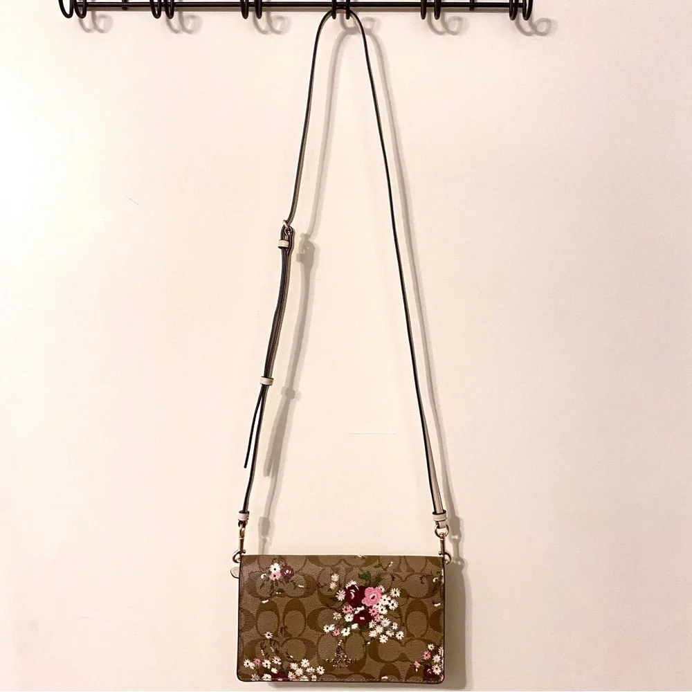 Coach Anna Foldover Crossbody Clutch | Evergreen Floral Print & Detachable Strap